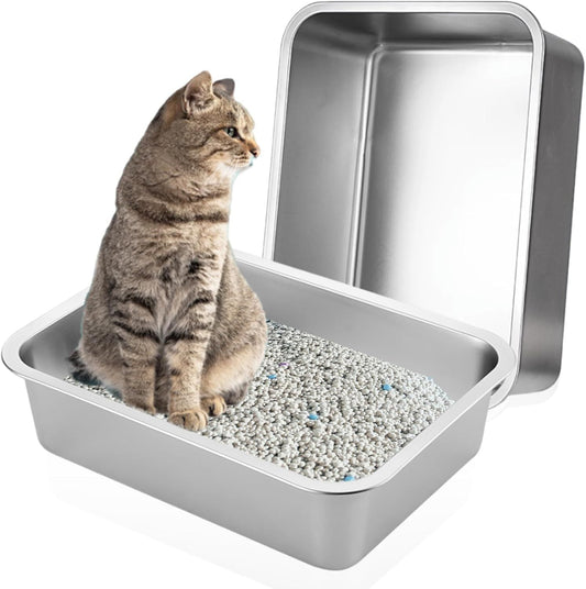 2 Pack Stainless Steel Cat Litter Box - High Side Metal Cats Toilet Large Rust Proof Litter Pan with Non V1259-DP01-I-00014