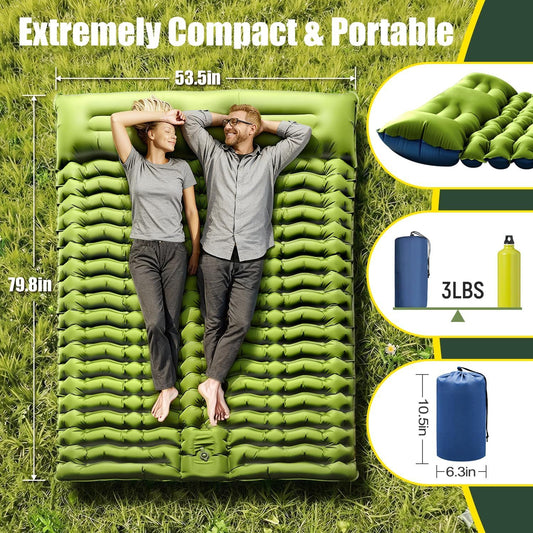 Double Sleeping Pad - Self Inflating 4" Extra-Thick for 2 Person with Pillow Built-in Foot Pump Inflatable V1259-DP01-I-00016