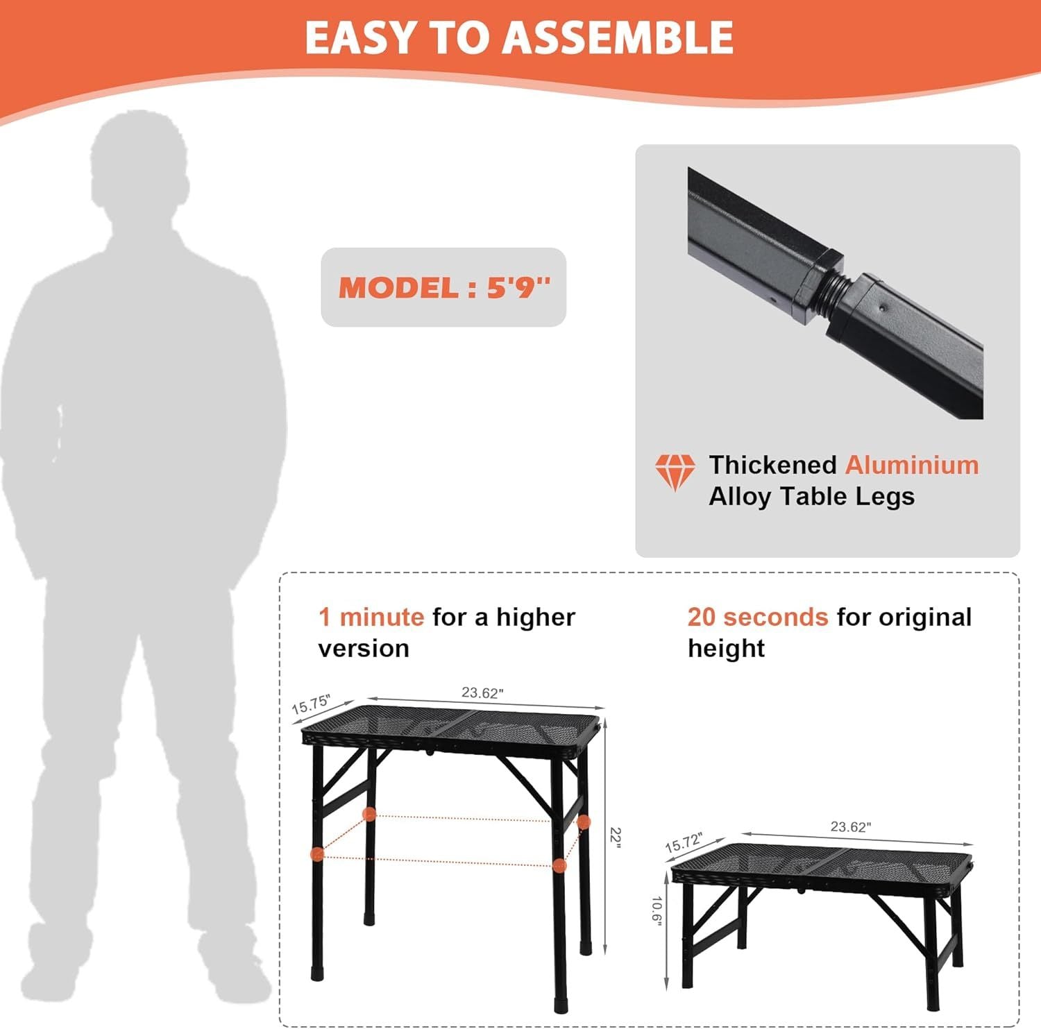 Camping Table with Mesh Desktop, Lightweight & Portable Small Folding Grill Table, Height Adjustable Metal V1259-DP01-I-00035