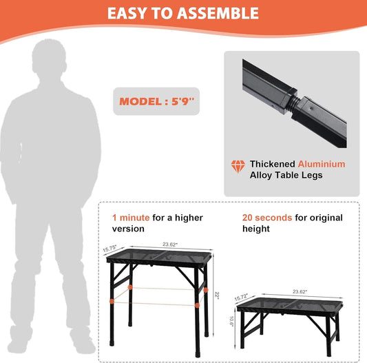 Camping Table with Mesh Desktop, Lightweight & Portable Small Folding Grill Table, Height Adjustable Metal V1259-DP01-I-00035
