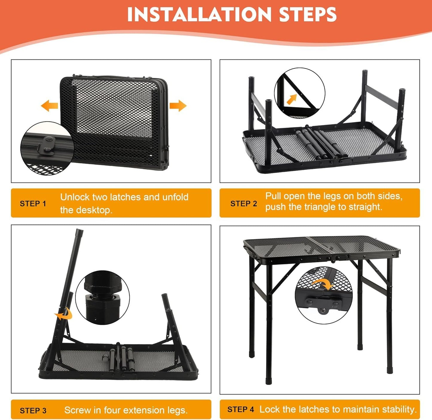 Camping Table with Mesh Desktop, Lightweight & Portable Small Folding Grill Table, Height Adjustable Metal V1259-DP01-I-00035