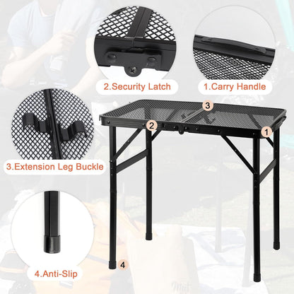 Camping Table with Mesh Desktop, Lightweight & Portable Small Folding Grill Table, Height Adjustable Metal V1259-DP01-I-00035
