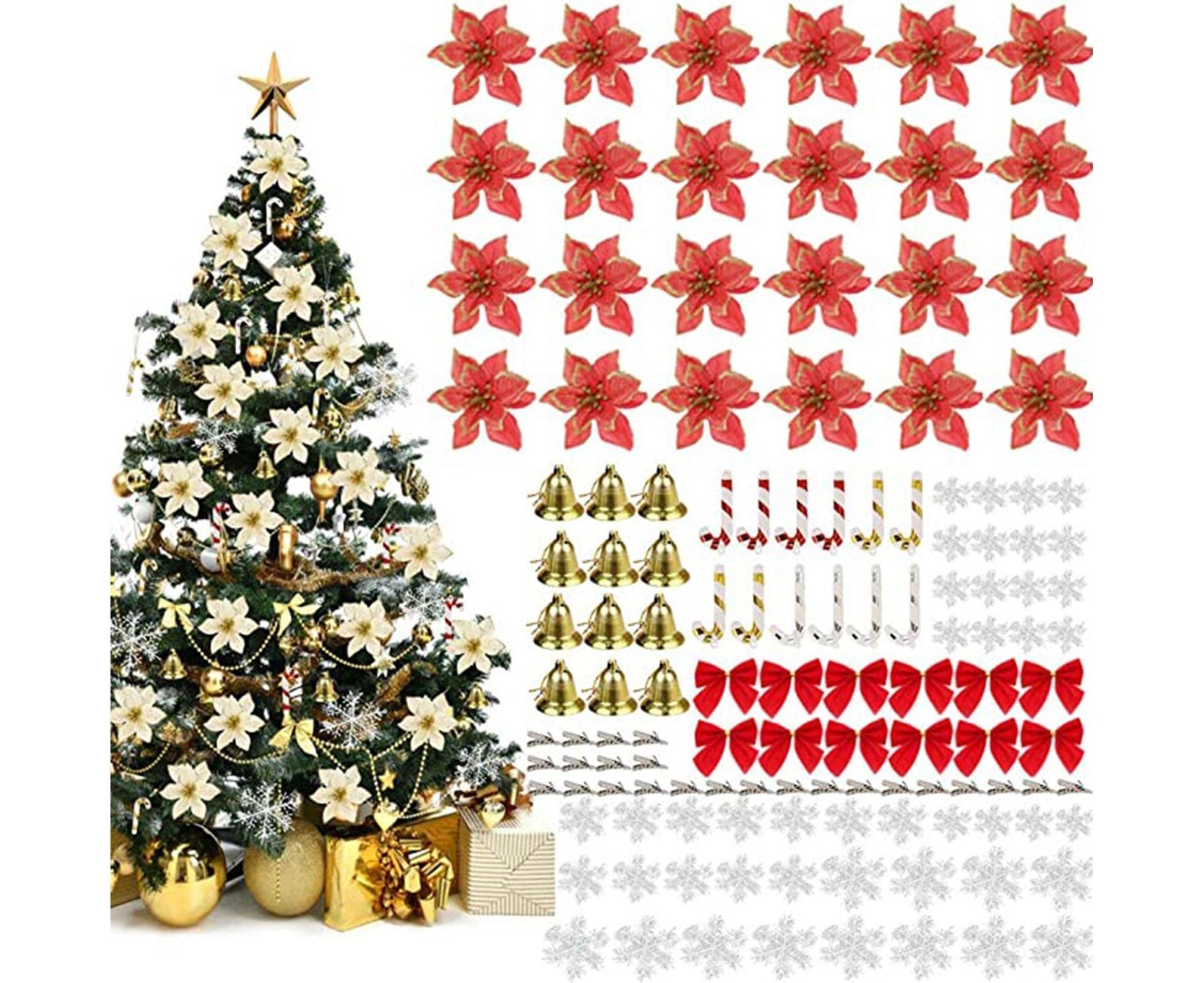 120Pcs Christmas Artificial Flower Bowknot Canes Bells-Red V1263-JX-1007