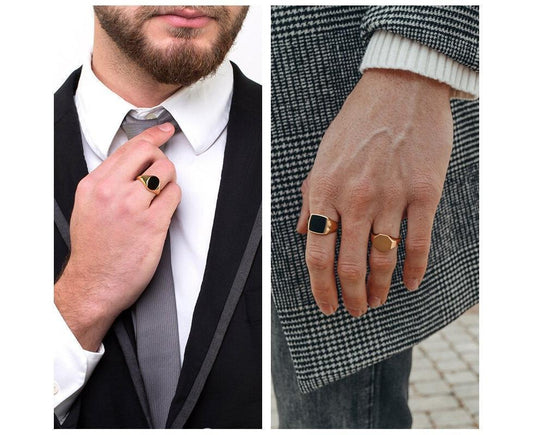 Stylish Signet Rings for Men Male Pinky Ring with Black Square CZ StoneGold Color Stainless Steel Metal V1263-JX-1011