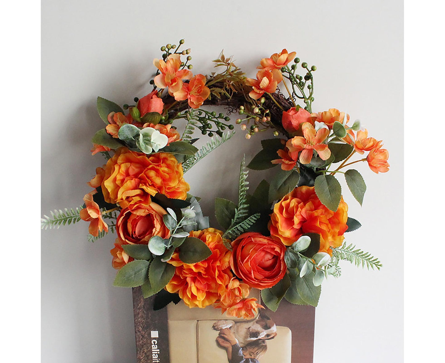 Hanging Wreath Exquisite Anti-deform Plastic Imitation Peony Flower Garland Pendant for Wedding-Dark Orange V1263-JX-1026