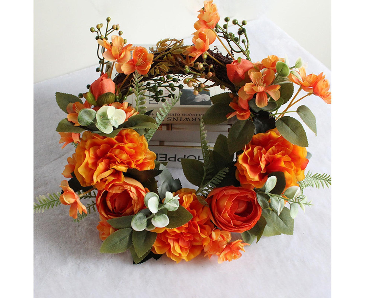 Hanging Wreath Exquisite Anti-deform Plastic Imitation Peony Flower Garland Pendant for Wedding-Dark Orange V1263-JX-1026