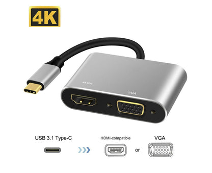 2 in 1 4K Ultra High Clarity USB 3.1 Type-C to HDMI-compatible VGA Converter Adapter for MacBook PC Silver V1263-JX-1037