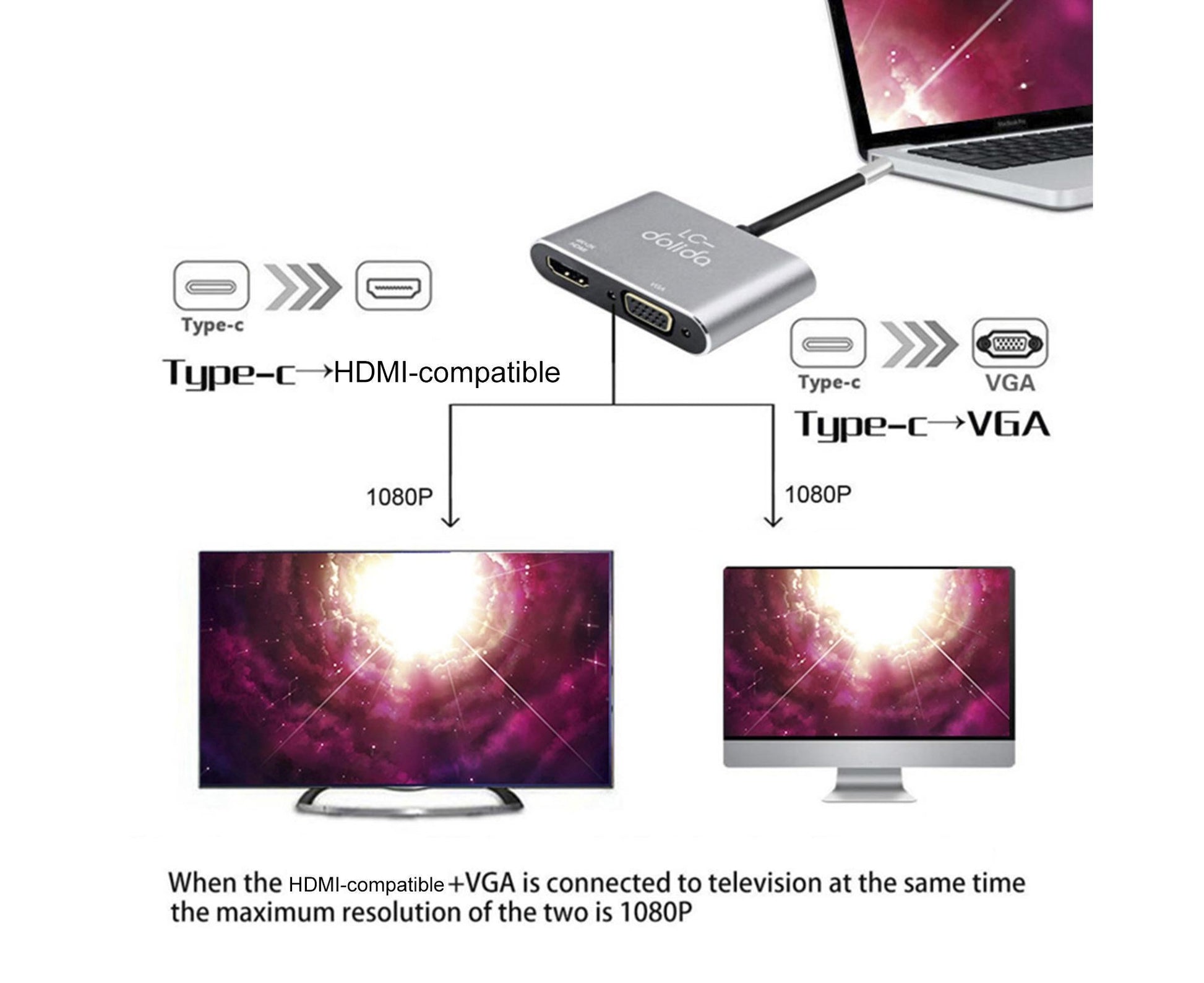2 in 1 4K Ultra High Clarity USB 3.1 Type-C to HDMI-compatible VGA Converter Adapter for MacBook PC Silver V1263-JX-1037