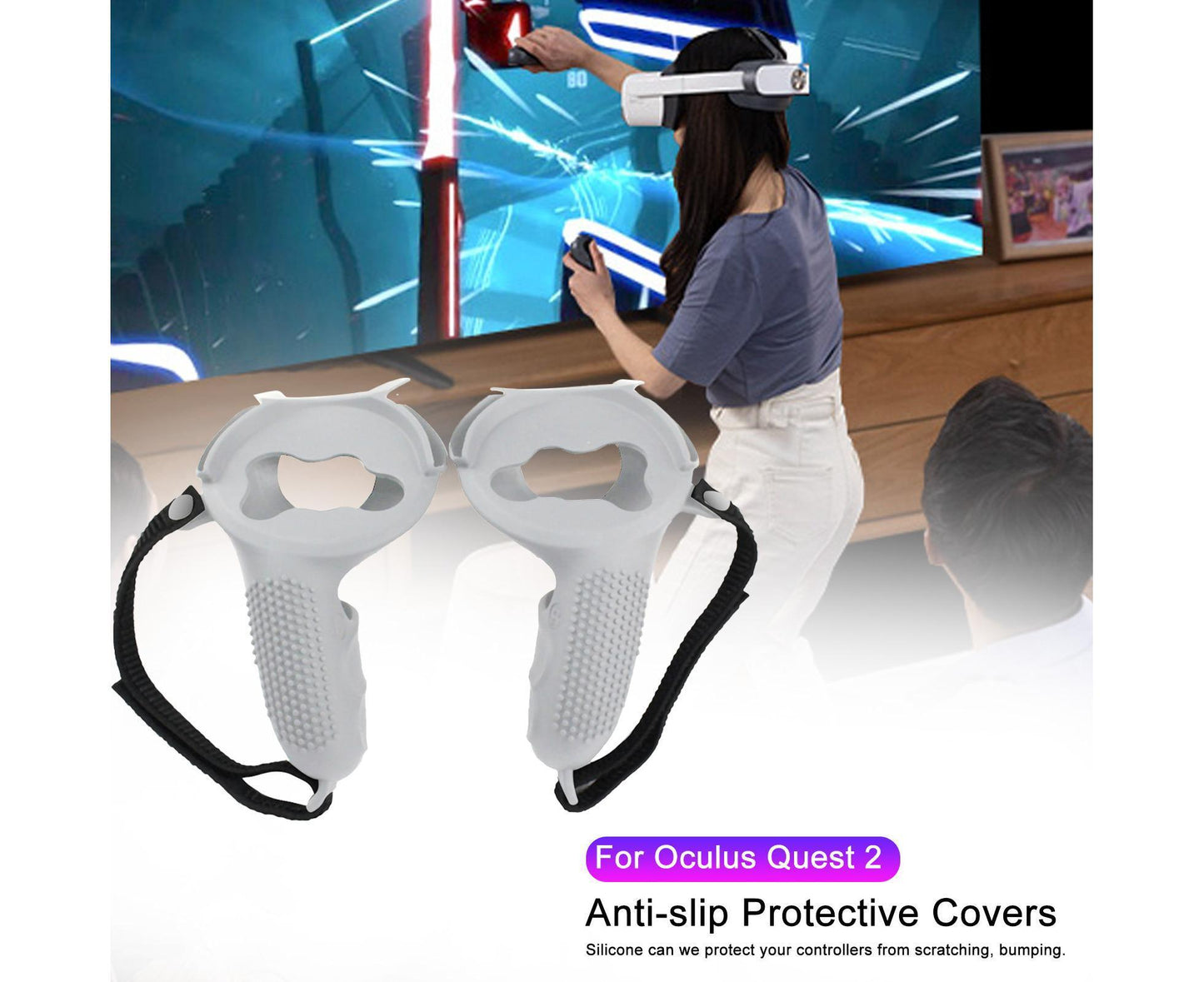 3 in 1 Anti-slip Adjustable Handle Cover Hand Strap Grip Cap Kit for Oculus Quest 2 Controller White V1263-JX-1043