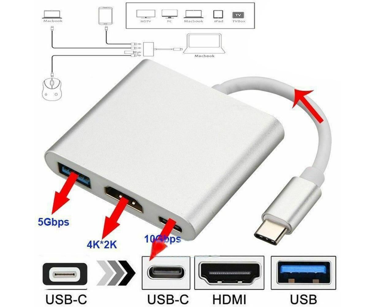 3 in 1 Portable Type-C Male to USB-C USB 3.0 4K HDMI-compatible Female Hub Adapter Cable Grey V1263-JX-1045