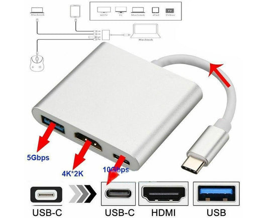 3 in 1 Portable Type-C Male to USB-C USB 3.0 4K HDMI-compatible Female Hub Adapter Cable Grey V1263-JX-1045