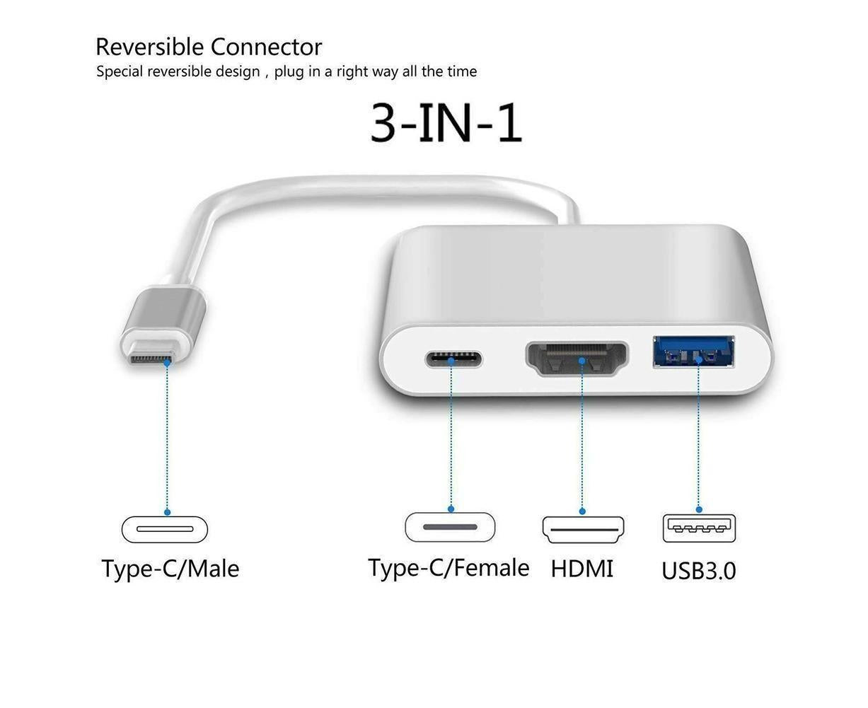 3 in 1 Portable Type-C Male to USB-C USB 3.0 4K HDMI-compatible Female Hub Adapter Cable Grey V1263-JX-1045