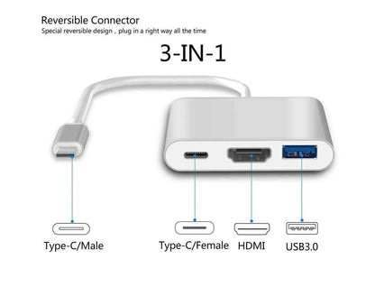 3 in 1 Portable Type-C Male to USB-C USB 3.0 4K HDMI-compatible Female Hub Adapter Cable Grey V1263-JX-1045