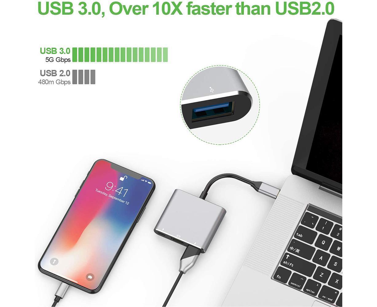 3 in 1 Portable Type-C Male to USB-C USB 3.0 4K HDMI-compatible Female Hub Adapter Cable Grey V1263-JX-1045