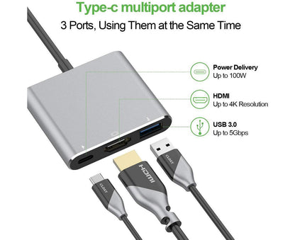 3 in 1 Portable Type-C Male to USB-C USB 3.0 4K HDMI-compatible Female Hub Adapter Cable Grey V1263-JX-1045