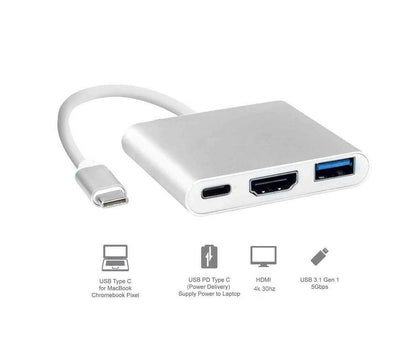 3 in 1 Portable Type-C Male to USB-C USB 3.0 4K HDMI-compatible Female Hub Adapter Cable Grey V1263-JX-1045