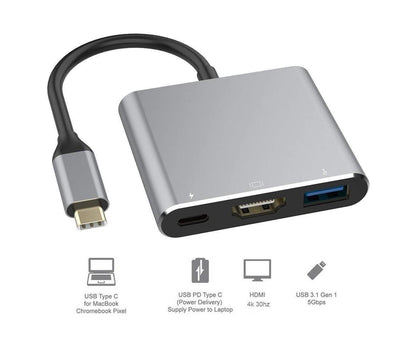 3 in 1 Portable Type-C Male to USB-C USB 3.0 4K HDMI-compatible Female Hub Adapter Cable Grey V1263-JX-1045