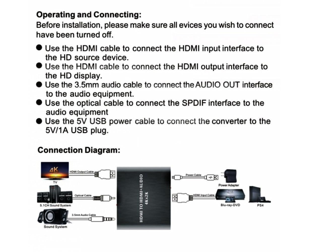 4K HDMI-compatible to HDMI-compatible Optical SPDIF 3.5mm Audio Extractor Converter Splitter Adapter Black V1263-JX-1050