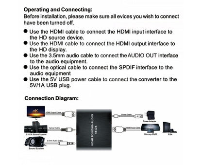4K HDMI-compatible to HDMI-compatible Optical SPDIF 3.5mm Audio Extractor Converter Splitter Adapter Black V1263-JX-1050