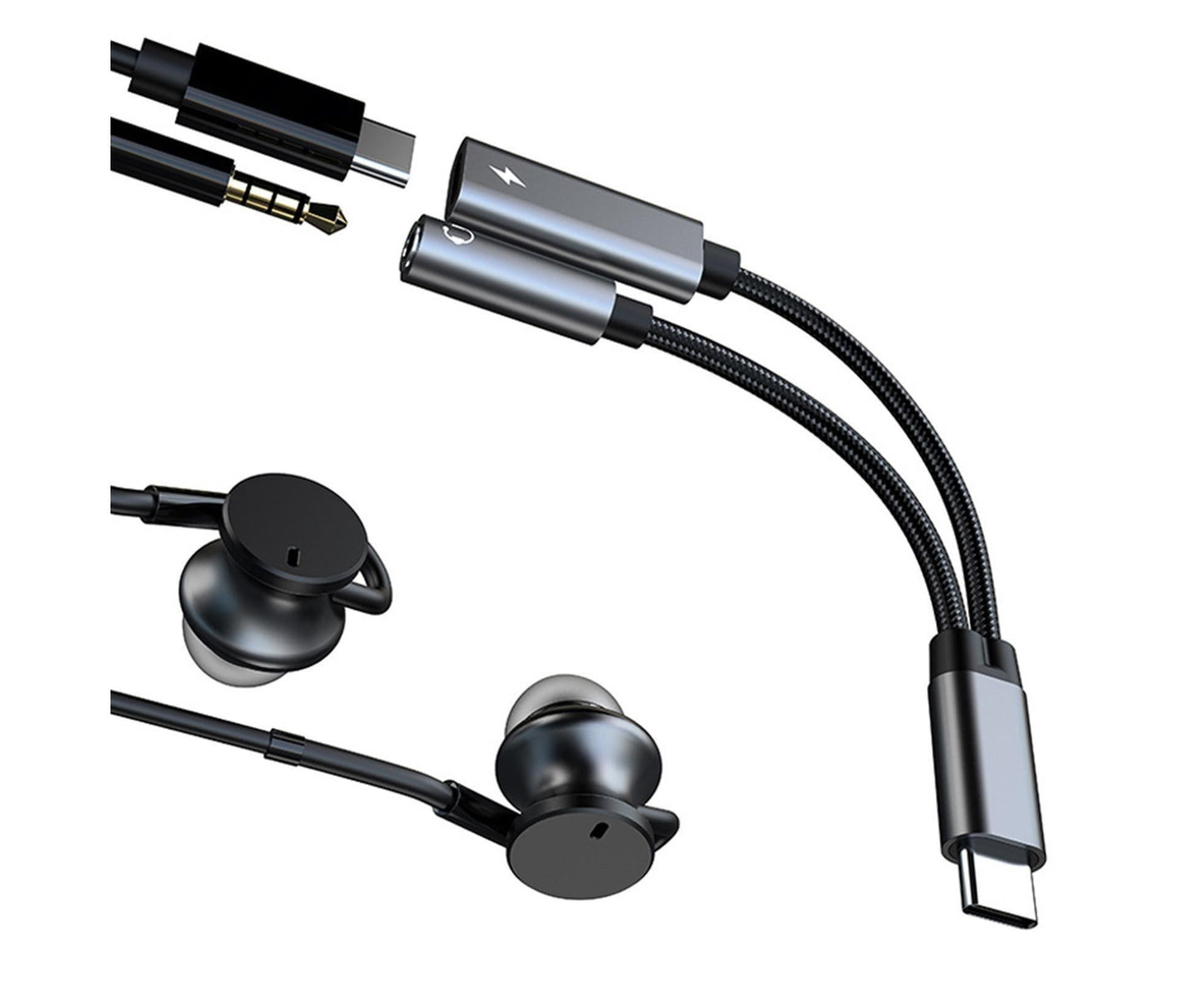 Converter Cable Multifunctional Noise Reduction Braided 2 in 1 Type-C to 3.5mm PD60W Converter Wire for V1263-JX-1067