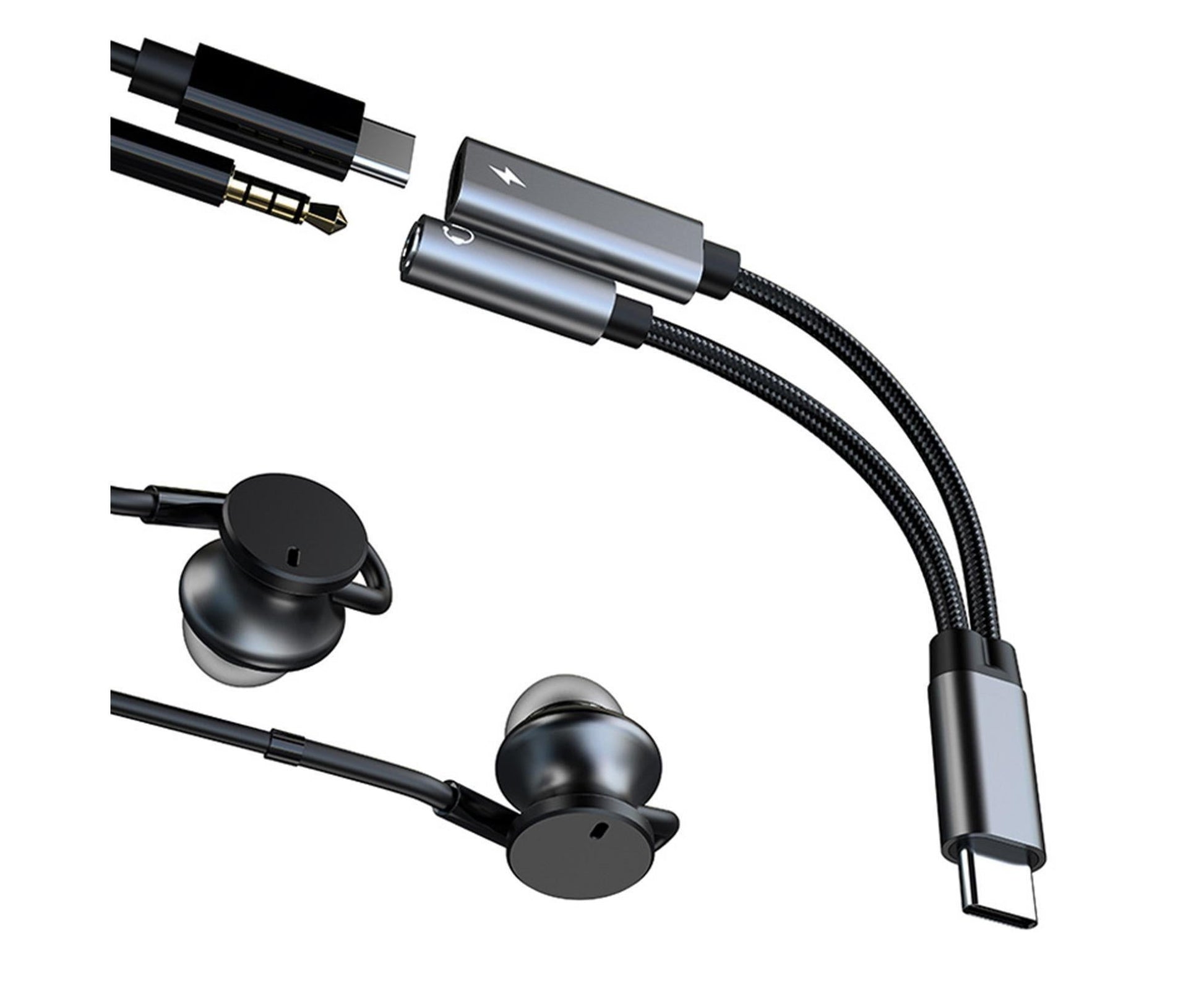 Converter Cable Multifunctional Noise Reduction Braided 2 in 1 Type-C to 3.5mm PD60W Converter Wire for V1263-JX-1067