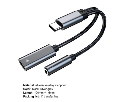 Converter Cable Multifunctional Noise Reduction Braided 2 in 1 Type-C to 3.5mm PD60W Converter Wire for V1263-JX-1067