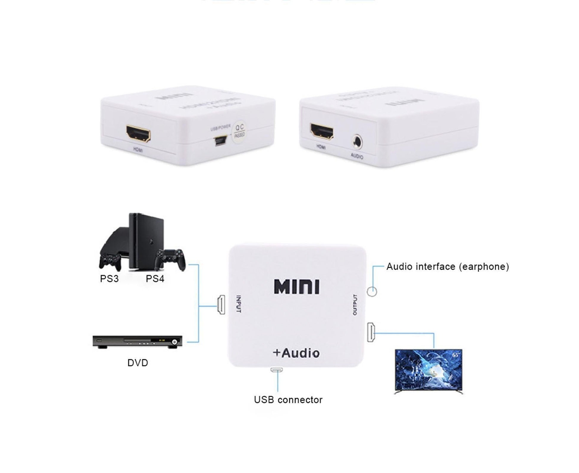 Multifunctional 1080P HDMI-compatible to HDMI-compatible 3.5mm R/L Audio Converter Extractor Splitter White V1263-JX-1082
