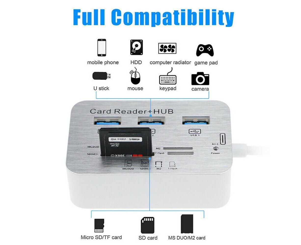 Multi-in-1 3 Ports USB 3.0 High Speed Hub Adapter with MS SD M2 TF Card Reader V1263-JX-1083
