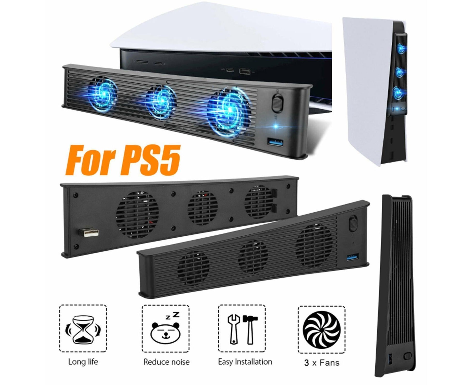 Portable 3 Fans Game Console Cooling Fan Playstation Accessories for PS5 DE/UHD Version Black V1263-JX-1085