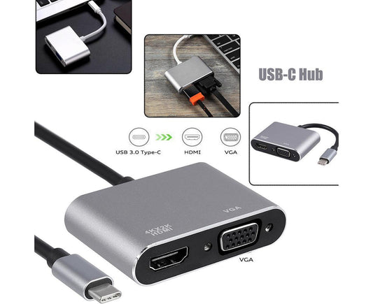 Universal USB 3.1 Type C to VGA HDMI-compatible 4K Converter Cable Adapter Cord Port HUB Silver V1263-JX-1099