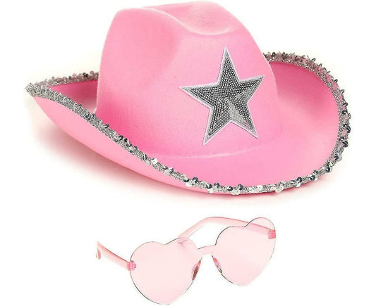 Cowboy Hat Pink Cowgirl Hat With Heart Glasses - Pink Cowboy Hat With Silver Sequin Star - Halloween Decor Cow V1263-JX-1160