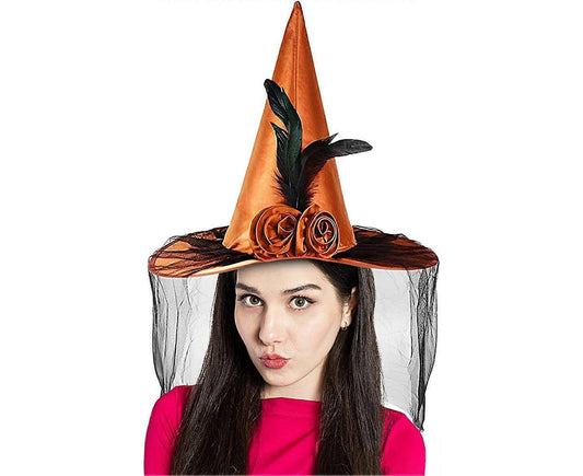 Witches Hats for Women, Cosplay Hats Halloween Hat, Wide Brim Hat, Hats with Half Veil V1263-JX-1203
