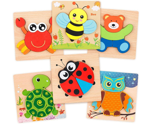 Wooden Jigsaw Puzzle Set, 6 Pack Animal Shape Color Montessori Toy, Fine Motor Skill Early Learning Gift V1263-JX-1301