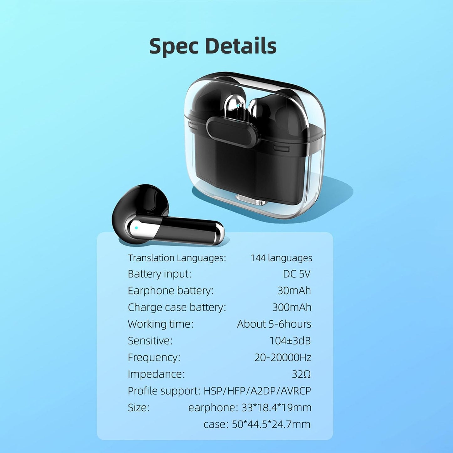 Language Translator Earbuds Bluetooth 5.3 Support 144 Languages Wireless Translator Earphone with Transparent V1263-JX-131