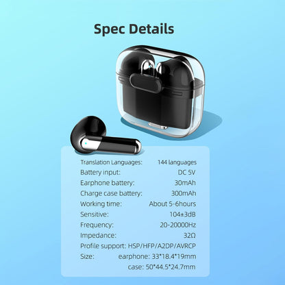 Language Translator Earbuds Bluetooth 5.3 Support 144 Languages Wireless Translator Earphone with Transparent V1263-JX-131