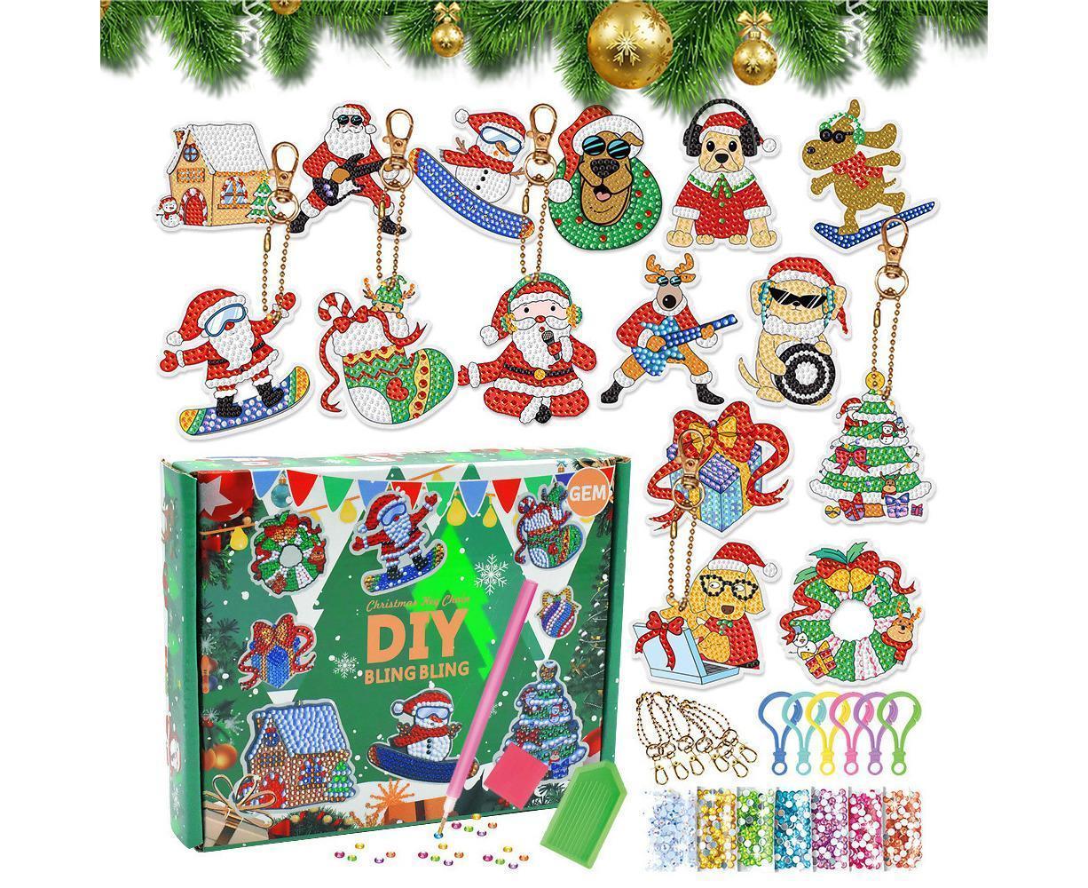 15Pcs Christmas Dot Drill Decorative Painting Keychain Decor DIY Crystal Key Ring Pendant Gift V1263-JX-1319