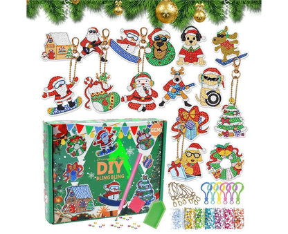 15Pcs Christmas Dot Drill Decorative Painting Keychain Decor DIY Crystal Key Ring Pendant Gift V1263-JX-1319