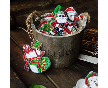15Pcs Christmas Dot Drill Decorative Painting Keychain Decor DIY Crystal Key Ring Pendant Gift V1263-JX-1319