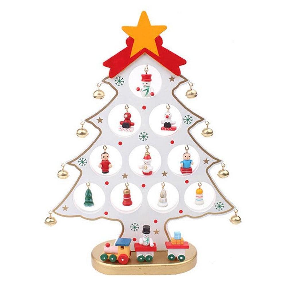 Funny Desktop Wooden Christmas Tree Decor Set with 10 Mini Ornaments - White V1263-JX-1390