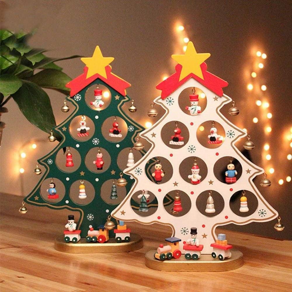 Funny Desktop Wooden Christmas Tree Decor Set with 10 Mini Ornaments - White V1263-JX-1390