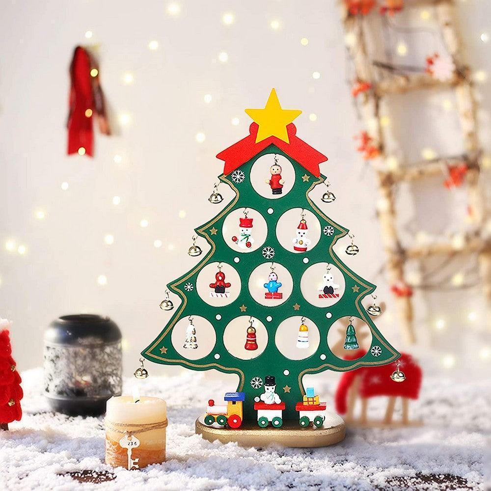 Funny Desktop Wooden Christmas Tree Decor Set with 10 Mini Ornaments - White V1263-JX-1390