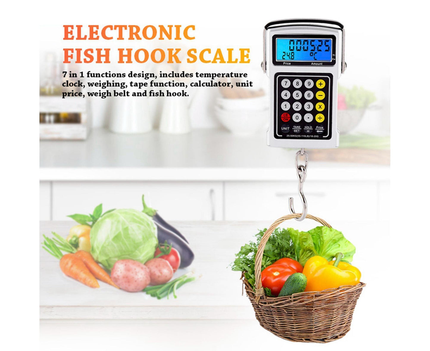 Electronic Fish Hook Scale 50Kg Luggage Weighing 7 in 1 Digital Hanging Scales V1263-JX-1485