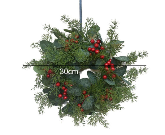 Artificial Christmas Wreath for Front Door Xmas Red Berry Wreath with Pine Needles Cones Winter Eucalyptus V1263-JX-1533