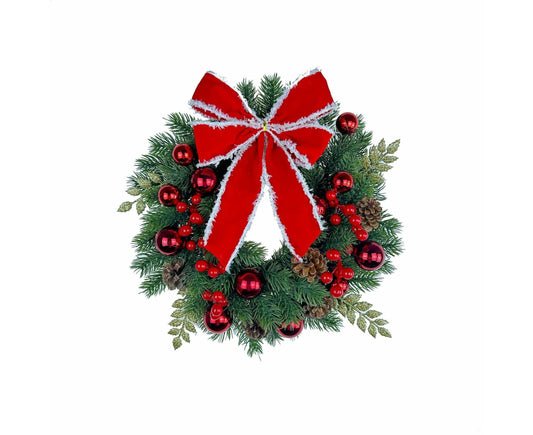 Christmas Decoration Wreath for Front Door, Wall Hanging Snowball Red Berry Pine Cone Garland Ornament for V1263-JX-1542