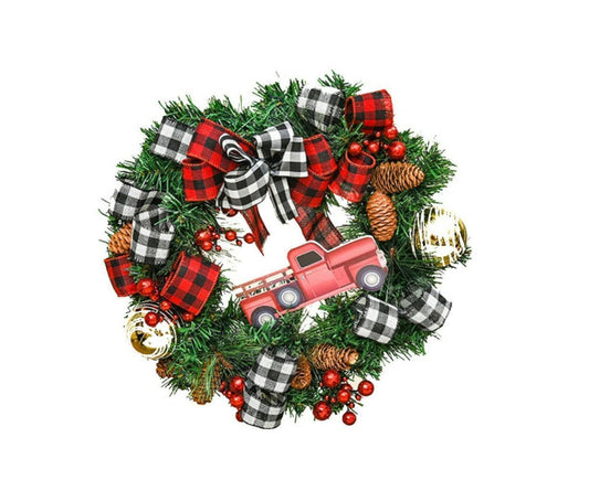 Christmas Decoration Wreath for Front Door, Wall Hanging Snowball Red Berry Pine Cone Garland Ornament for V1263-JX-1543