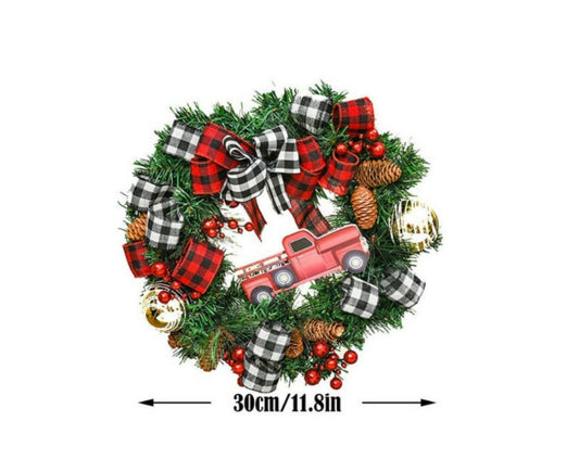 Christmas Decoration Wreath for Front Door, Wall Hanging Snowball Red Berry Pine Cone Garland Ornament for V1263-JX-1543