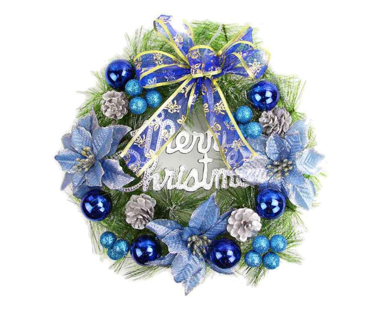 Christmas Wreath Merry Christmas Front Door Ornament Wall Artificial Pine Garland for Party Decor - blue - V1263-JX-1550