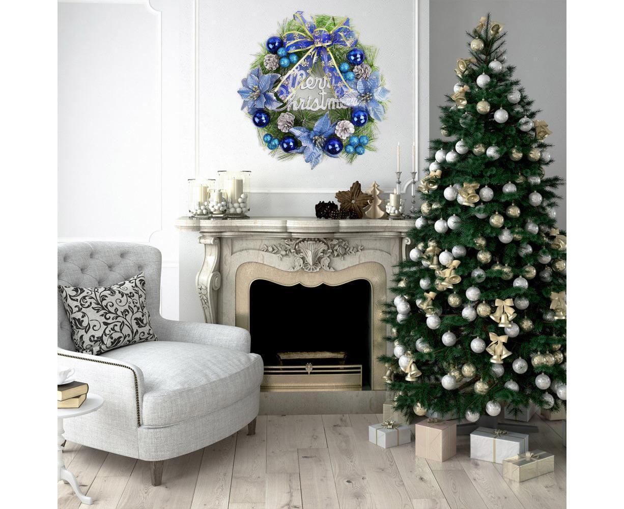 Christmas Wreath Merry Christmas Front Door Ornament Wall Artificial Pine Garland for Party Decor - blue - V1263-JX-1550