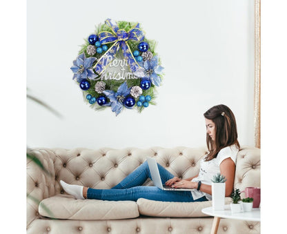 Christmas Wreath Merry Christmas Front Door Ornament Wall Artificial Pine Garland for Party Decor - blue - V1263-JX-1550