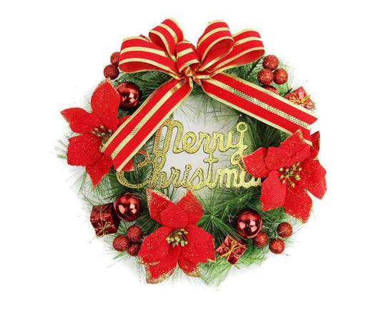 Christmas Wreath Merry Christmas Front Door Ornament Wall Artificial Pine Garland for Party Decor - red - 30cm V1263-JX-1552